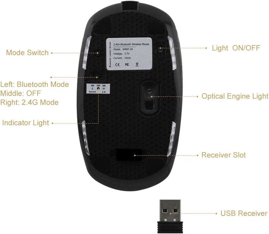 Bluetooth Wireless Mouse,Dual Mode Bluetooth 4.0 Mouse 2.4G Wireless Optical Mouse with USB Receiver,Rechargeable Silent 4 Adjustable DPI Levels for PC, Laptop, Windows, Android, OS System(Black)