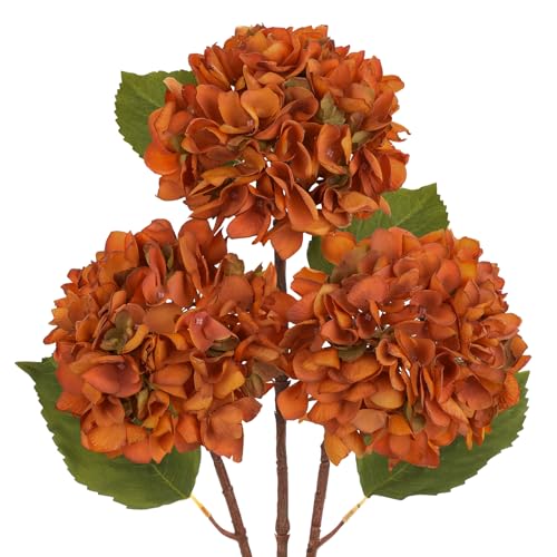 Hollyone 3Pcs Burnt Orange Hydrangea Artificial Flowers Faux Dried Touch Hydrangeas Silk Flowers with Stem Fake Fall Florals Flower for Home Wedding Table Centerpiece Vase Arrangements Fall Decoration