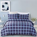 Vaulia Lightweight Microfiber Duvet Cover Set, Plaid Printed Pattern Design, Blue - Queen