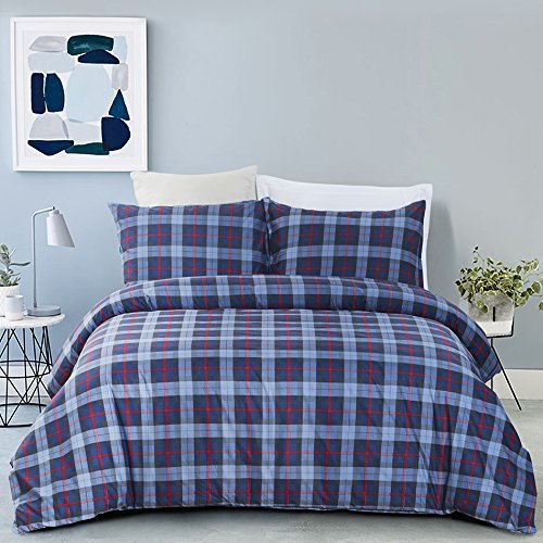 Vaulia Lightweight Microfiber Duvet Cover Set, Plaid Printed Pattern Design, Blue - Queen