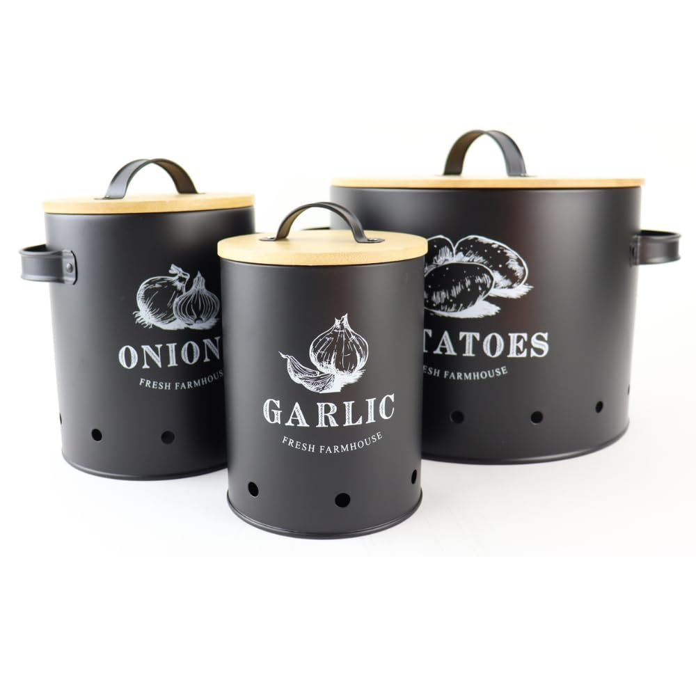 OTIX Vorratsgläser - mit Deckel - Schwarz - 3er Set - Knoblauchtopf - Zwiebeltopf - Kartoffeltopf - Metall