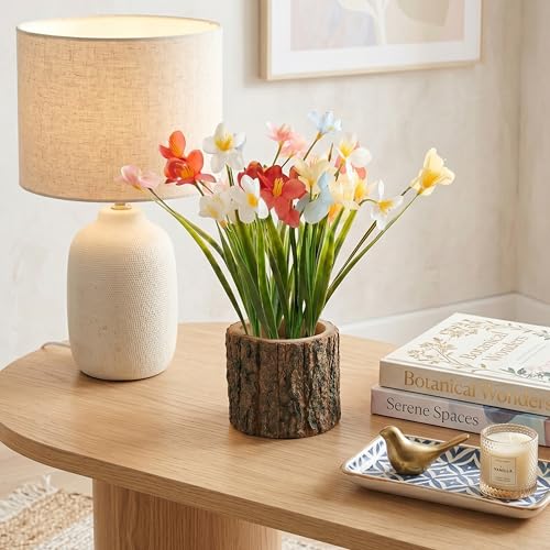 Image of Dekorly Artificial Grass Lily Flower with Real Wooden Vase (28CM Overall Height) | Decorative Lifelike Faux Floral Plant in Rustic Tree Log Pot for Living Room (Grass Lily)