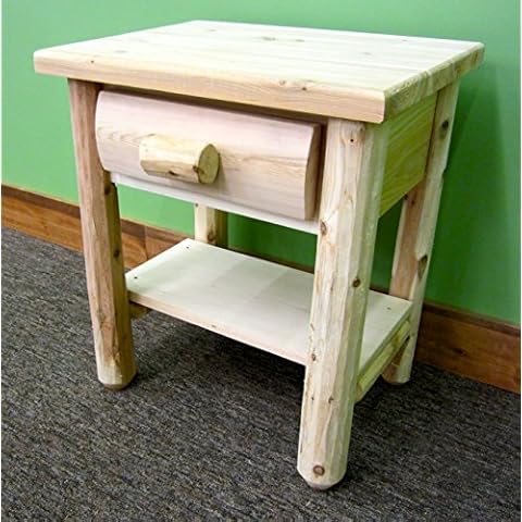 Midwest Log Furniture White Cedar Log Nightstand [1 Drawer] - Unfinished Natural Beige/Dovetailed/Solid Wood/Amish Handcrafted in USA Cover