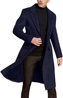 Men's Casual Trench Coat Notched Long Jacket Overcoat Lightweight Slimming Fit Pea Coats for Daily Matching