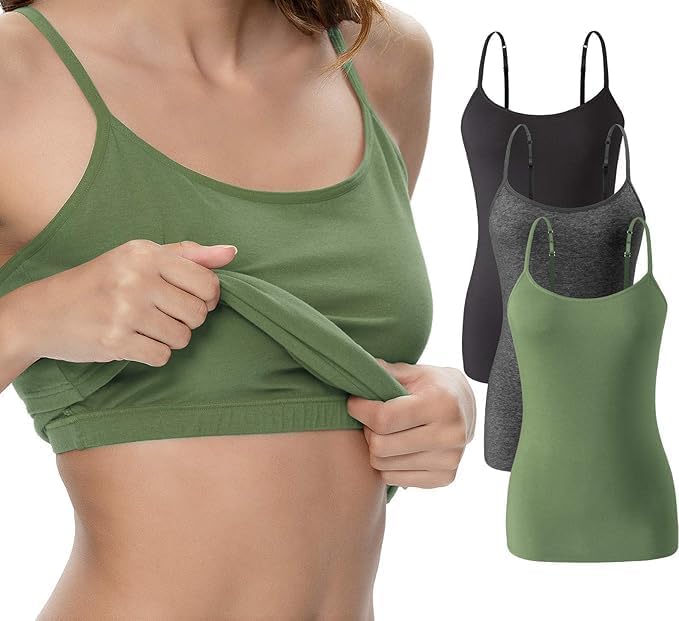 ROSYLINE Womens Camisole with Shelf Bra Cotton Undershirts Adjustable Strap Camis Spaghetti Strap Tank Top 3 Pack