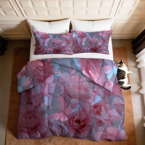 Bettdecke 200 x 200 cm 4 Jahreszeiten, Vierjahreszeiten Traumhaft, Warme Ganzjahresdecke Blumen Rosen Schmetterling Bettdecke ohne Bezug Waschbar Schlafdecke für Teenager Mädchen Schlafzimmer, Rosa