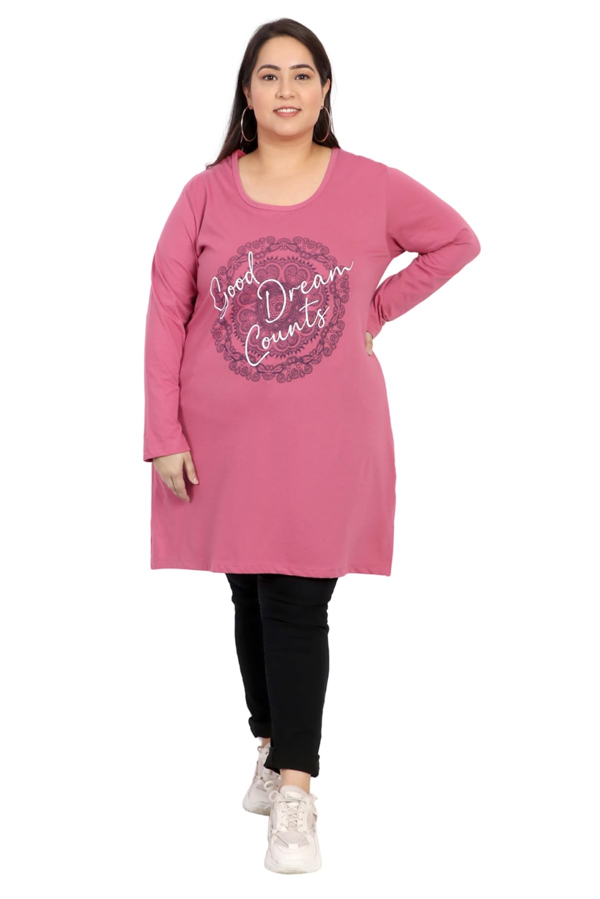 CUPID Women Plus Size Cotton Round Neck Full Sleeves T-Shirt, Nightwear, Sleepwear, Daily Use Gym n Lounge Wear Long Tops for Ladies_3XL to 7XL
