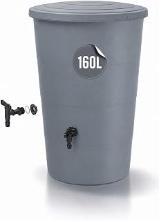 Tymar Rain Barrel Grey Rain Barrel 160L Water Barrel with Tap Rainwater Tank for Garden Balcony Rainwater Barrel Ø 60 x 88cm_IDSM