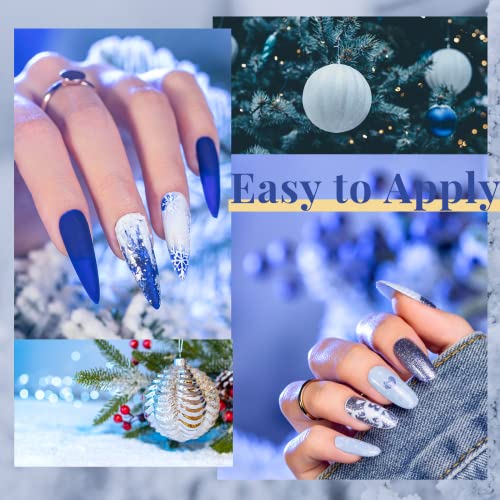 Image of Beetles Summer Gel Nail Polish Set 5 Winter Colors Dark Blue Glitter White Light Blue Silver Gel Polish with Sealing Gel Sugar Dust Powder Nail Sticker UV LED Needed Gifts for Women Sparkling Snow