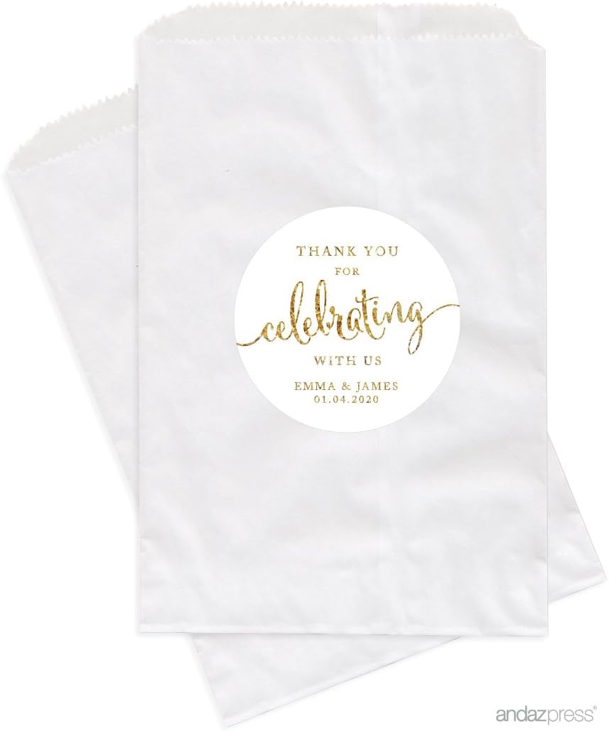 Andaz Press Personalized Dessert Table Party Favor Bags, Thank You for Celebrating With Us, Gold Glitter Print, 24-Pack, Custom For Wedding Baby Shower Graduation Candy Buffet Treat Bags