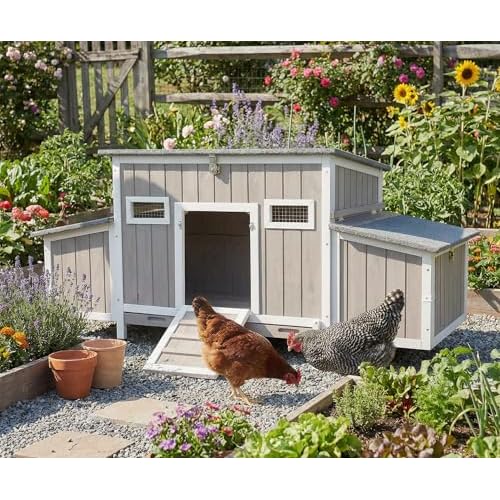 PetsCosset 62" Chicken Coop for 2-4 Chickens, Large Hen House with 4 Nesting Boxes, Openable Waterproof Roof, Roosting Bars, Lockable Doors & Pull-Out