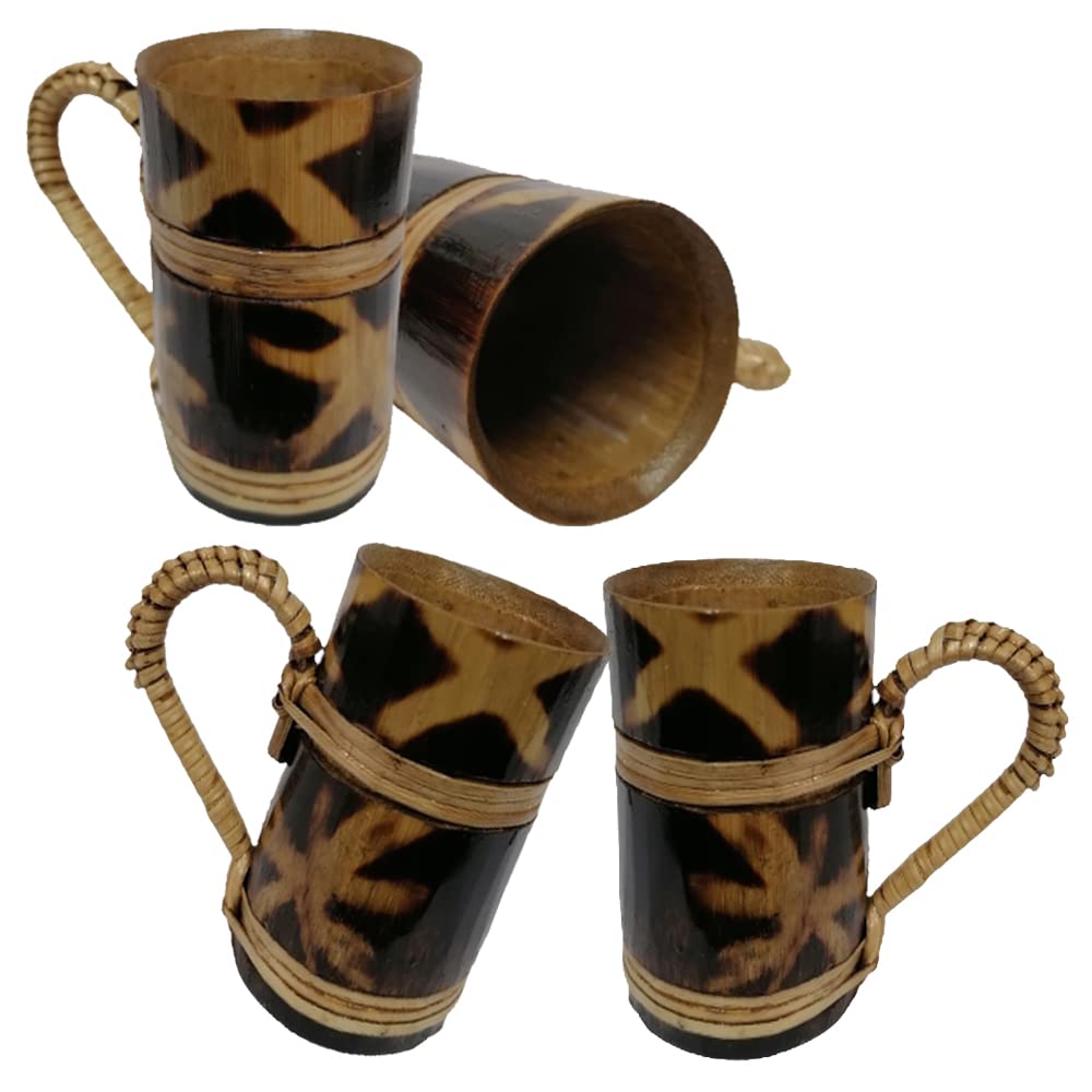 India Meets India Handmade Bamboo Designer Coffee/Tea Cup w/Thin & Smooth Edges, Bamboo Beverages Cup w/Strong Handle, Set of 4 Bamboo Coffee/Tea Cups, 100 ML