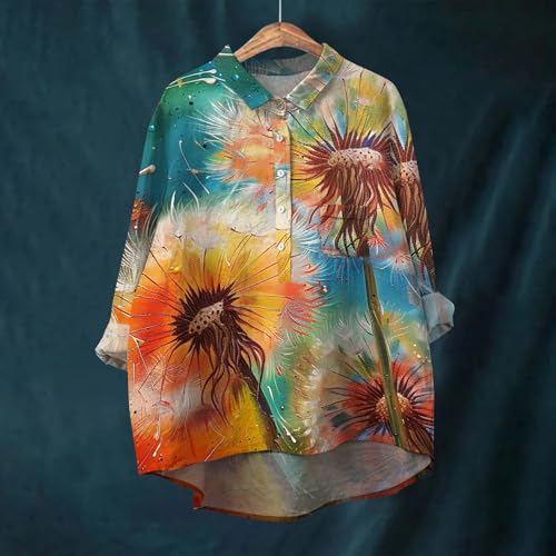 Camiseta feminina de manga comprida grande com estampa floral, solta, gola lapela, botões, blusa ele