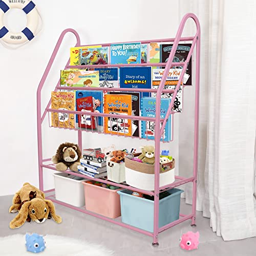 Image of aboxoo Metal Kids Bookshelf Pink Bookcase Freestanding for Children Girls Room 32 inches Large Toddler Pink Stable Bookcase Bookstore Library Book Unit Storage