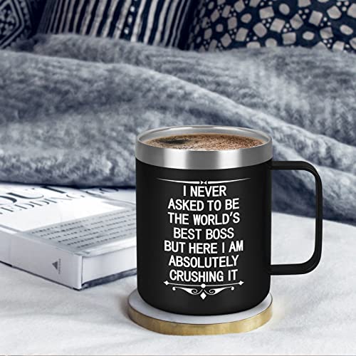 Gingprous Boss Gifts, I Never Asked To Be The World's Best Boss Insulated Travel Mug, Boss Day Gifts Christmas Gifts For Men Boss Manager Employer, 12Oz Stainless Steel Coffee Mug With Handle, Black #TOP3