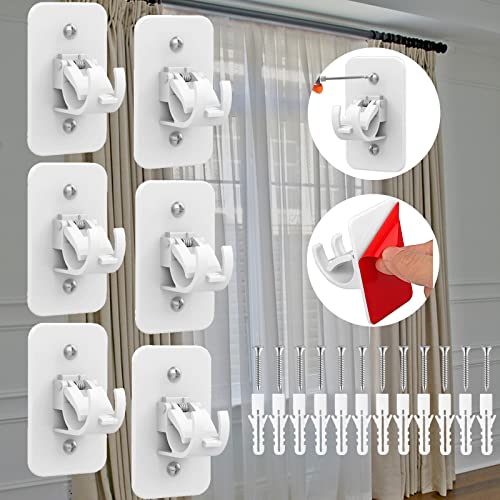 6 Pack Curtain Rod Bracket Holder, Universal Self-Adhesive Wall Mount Curtain Rod Holder Fit for 0.6'' to 1.5'' Curtain Rod, No Drill Curtain Rod Brackets for Bathroom Kitchen Shower Curtain (White)