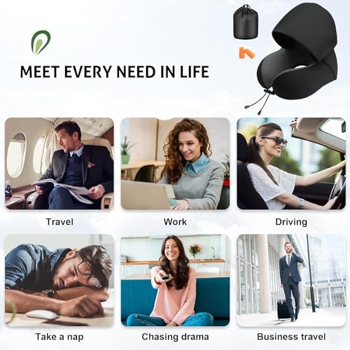 ADOFYS Travel Pillow for Neck Memory Foam, Hooded Travel Neck Pillow for Adults, Comfortable Neck Pillow for Travel with Hoodie, Flight Pillow, Airplane Pillow, Travel Cushion for Plane Car Train 8 51NeN6 HJtL
