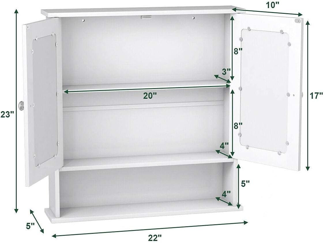 Salches Wall Mounted Bathroom Cabinet w/2 Mirrored Doors, Over-Toilet Hanging Cabinet w/Shelves, Wooden Medicine Storage Organizer for Living Room/Corridor/Cloakroom/Kitchen, 22” x 5” x 23” (White)