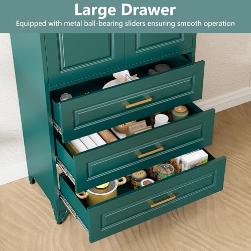 Image of Polup 75 inch Tall Metal Storage Cabinet with Doors and Shelves, Heavy Duty Green Kitchen Pantry Cabinet with 3 Drawers, Freestanding Food Cupboard Storage Organizers for Laundry, Garage, Dining Room