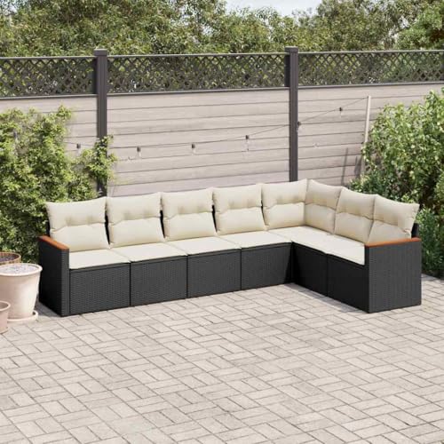 SKM Set de Comedor de jardín 7 pzas y Cojines ratán sintético Negro,Mobiliario,Muebles de jardín,Conjuntos de jardín,Negro,61.2 kg,3258430