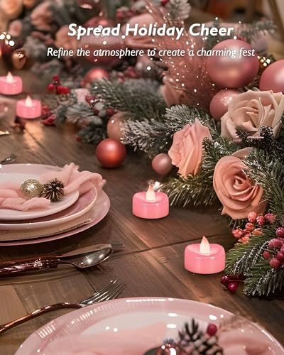 Image of merrynights LED Candles, 24 Pack Tea Lights Candle Battery Operated, Flameless Tealight Votives, Realistic Tea Lights for Wedding Home Party Decor -D 1.5 inch x H 1.25 inch -Pink Light