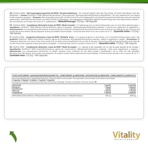 MSM Hochdosiert, Ultra Pure MSM Kapseln mit 1000 mg Methylsulfonylmethan, 180 Kapseln für 6 Monate, ohne unnötige Zusätze Vitality Nutritionals by VitaminExpress