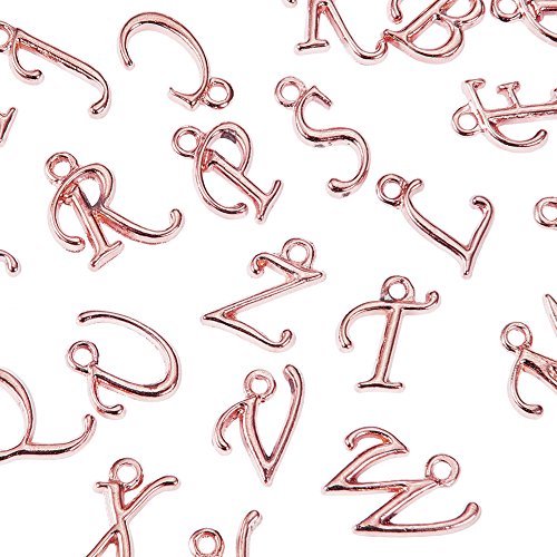 Pandahall 200pcs Assorted Alphabet Charm Pendant Loose Beads Rose Gold Plated A-Z Letter Pieces, 12-17x4-15x2mm