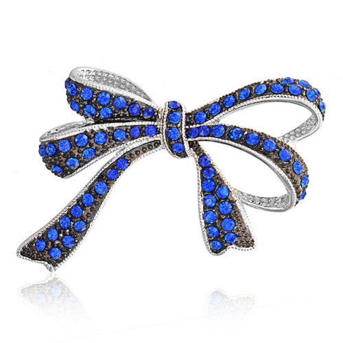 Image of Bling Jewelry Winter Holiday Blue White Glittering Crystal Bridal Fashion Large Statement Ribbon Scarf Bow Brooch Pin For Women Rose Gold or Silver Plated