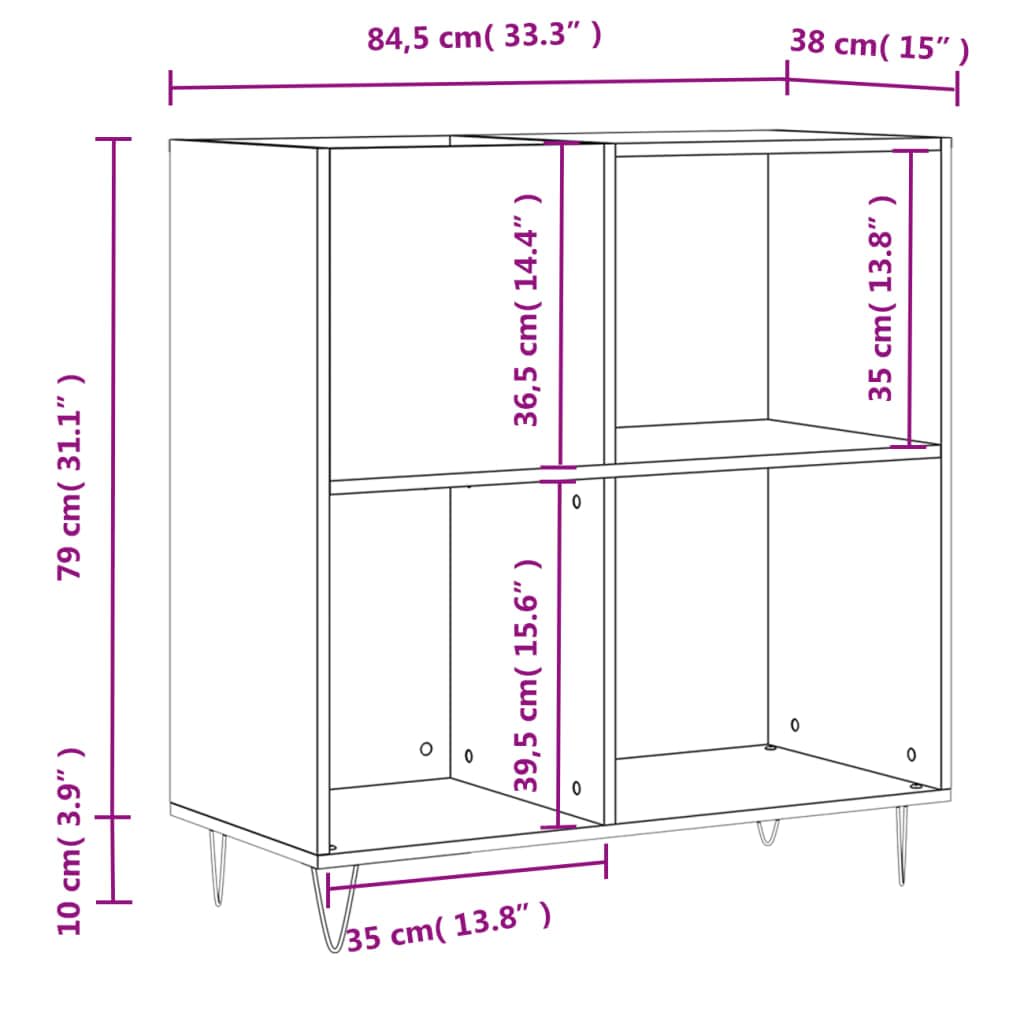 Armadio per dischi grigio sonoma, 84,5 x 38 x 89 cm, in legno con piastra superiore stabile e gambe in ferro, ideale per vinile, CD, DVD, media, TV, giochi, soggiorno, spazio di