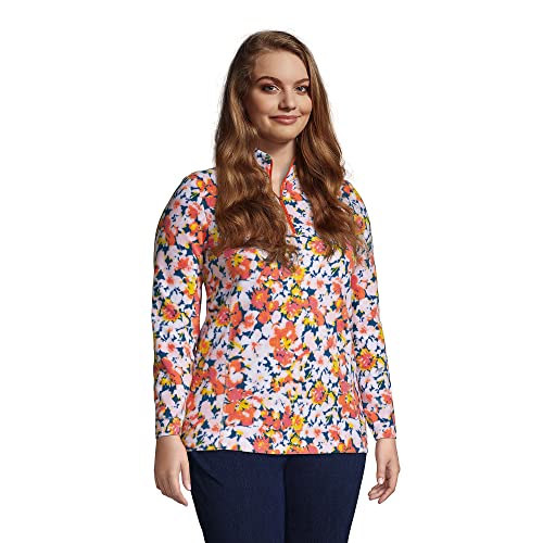 Lands' End Womens Quarter Zip Fleece Pullover Baltic Teal Multi Dyed Floral Regular Medium #TOP2