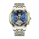 Affute Mens Automatic Mechanical Wrist Watches Stainless Steel Date Skeleton Tourbillon Watch,Blue Gold