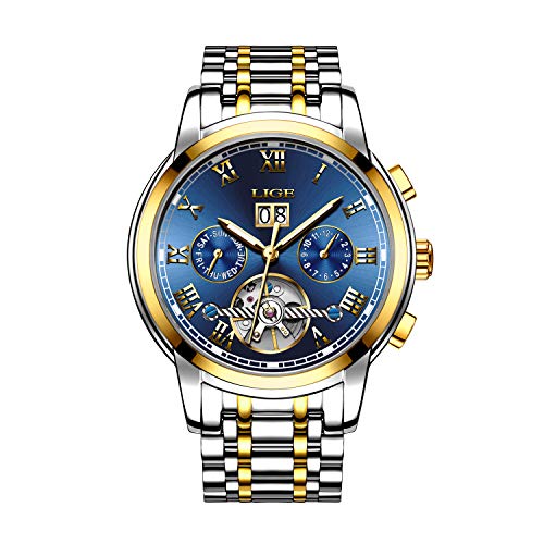 Affute Mens Automatic Mechanical Wrist Watches Stainless Steel Date Skeleton Tourbillon Watch,Blue Gold