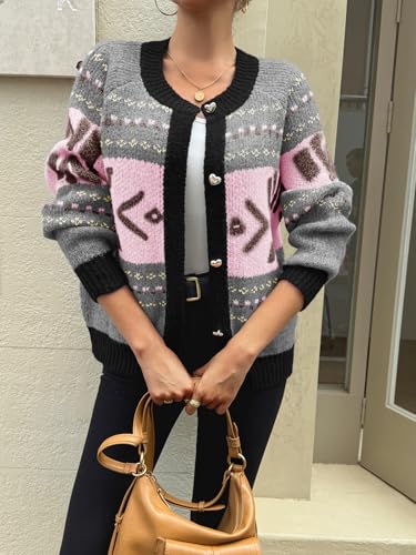 Saodimallsu Womens Button Up Cardigan Sweaters Crew Neck Vintage Fair Isle Long Sleeve Warm Knit Christmas Sweater Coats2