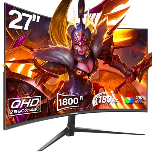 Gawfolk 27 Inch Gaming Curved Monitor, 180Hz QHD 2560x1440p PC Monitor with AMD FreeSync, Flicker-Free, HDMI 2.0, DP 1.4, Ultra-Thin Frameless 2K Computer Screen