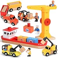 Vanplay Kran Spielzeug Baustellenfahrzeuge Kinder - Holz Baustelle Spielzeug ab 3 Jahre Junge mit Schiff, LKW Kranwagen Muldenkipper Anhänger & Gabelstapler Geschenk 3 4 5 Jahre Junge