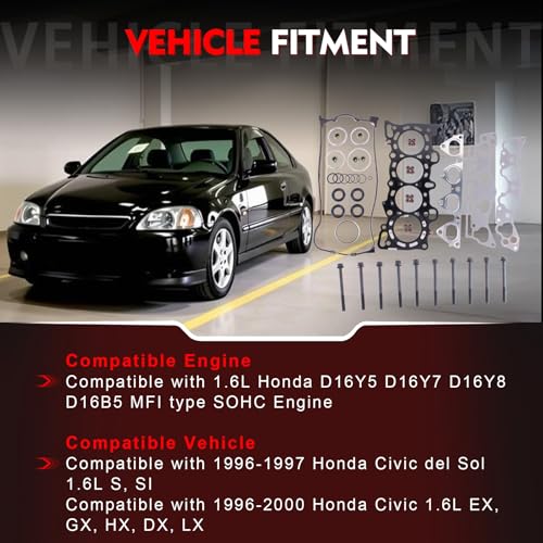 Image of HS9915PT-1 Cylinder Head Gasket Set with Head bolts Compatible with Honda Civic 1996 1997 1998 1999 2000 1.6L, Civic del Sol 1996 1997, D16Y5 D16Y7 D16Y8 D16B5 SOHC Engine, Replace HS54234 HB4029