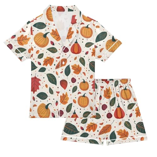 Autumn Leaves Pumpkin Pajamas Set Soft Satin Pjs Sets 2 Piece Short Sleeve Sleepwear Casual Loungewear