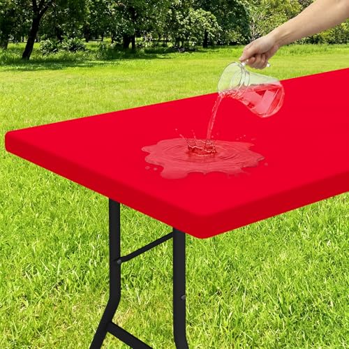 Smiry Rectangle Tablecloth, Elastic Fitted Flannel Backed Vinyl Tablecloths for 6ft Folding Tables, Waterproof Wipeable Table Covers for Indoor, Outdoor, Picnic and Camping (Red, 36"x72")