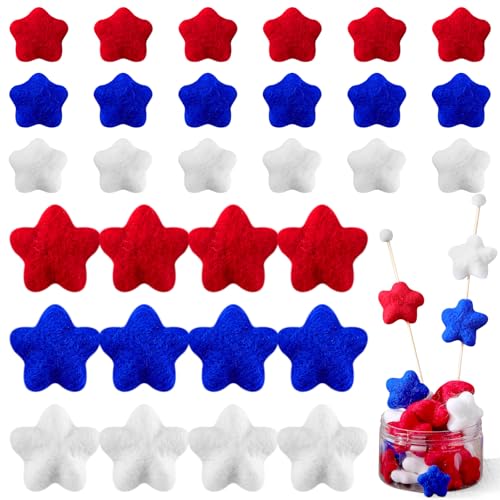 Hahafelt 36 Pcs 4th of July Red White and Blue Decorations, Felt Patriotic Star Ornaments 4th of July Independence Day Home Decor Red Blue White Stars for Vase Bowl Filler Craft Table (1.2'', 1.6'')