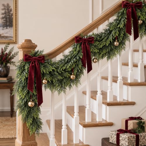 1Pcs 9Ft Real Touch Christmas Cedar Garland, Realistic Full Cedar Garland, Green Artificial Pine Needles Garlands for Mantel, Fireplace, Stairs Railing, Tables, Christmas Decorations - image 8