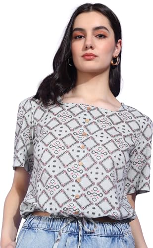 Image of Yash Gallery Women's Cotton Geometrical Print Waist Lengtth Square Neck Short Sleeves Regular Fitted Top