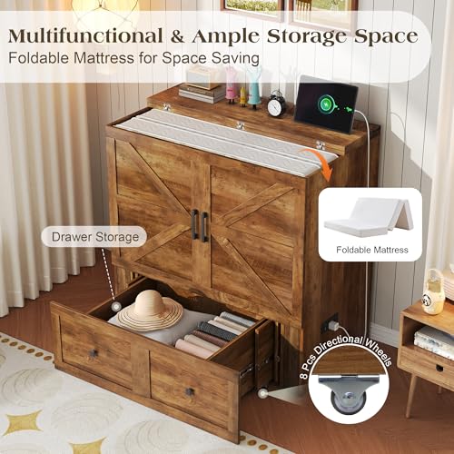 Image of LUXOAK Twin Murphy Bed with 6 inch White Tri-Fold Memory Foam Mattress, Storage Drawer & Charging Station, Space-Saving Design for Home Office or Guest Room, Barnwood