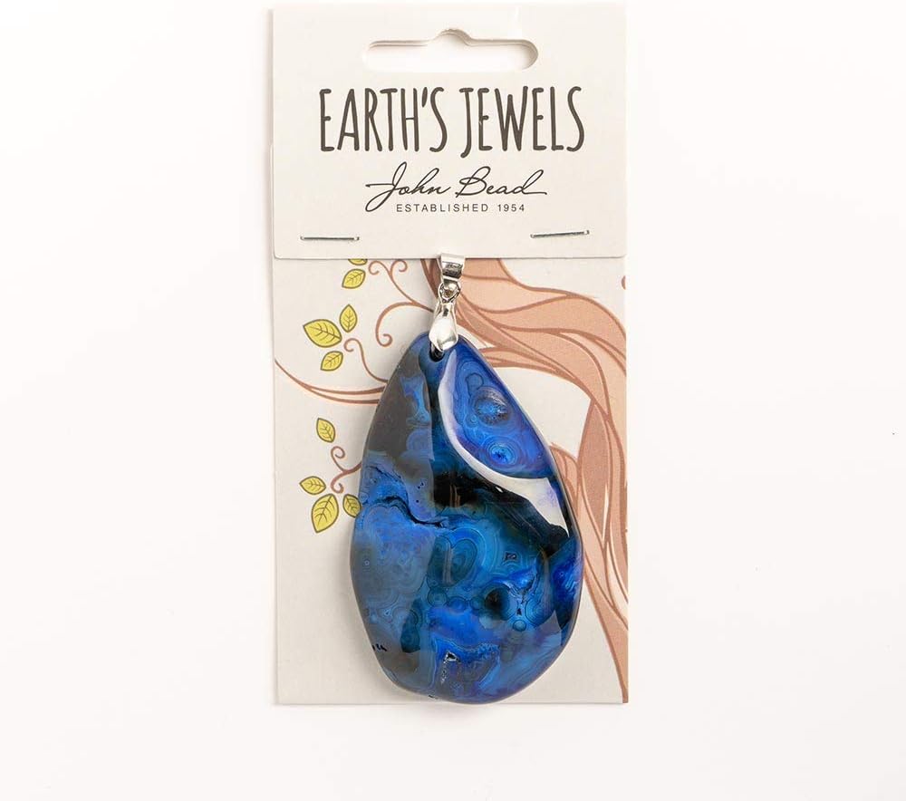 John Bead Earth's Jewels Semi-Precious Pendant Agate apx 50mmBlue Mixed Shape with Silverbail for DIY Necklace making, Jewelry making
