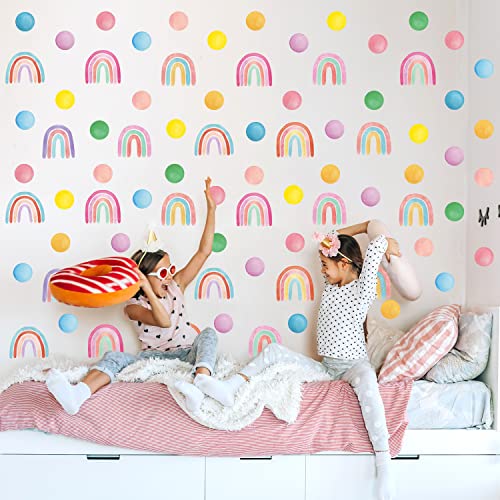 DECOWALL DSL-8059 Polka Dots and Rainbows Wall Decals Stickers décor Bedroom Room Kids Nursery Peel Stick Vinyl Circle Classroom Living Girls Removable Pieces Art Boho playroom Watercolor Baby
