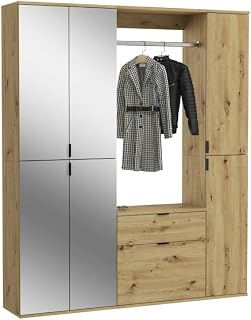 Meublorama Armadio con 6 ante, specchi, asta appendiabiti e cassetti – Legno di rovere chiaro – Pavimenti