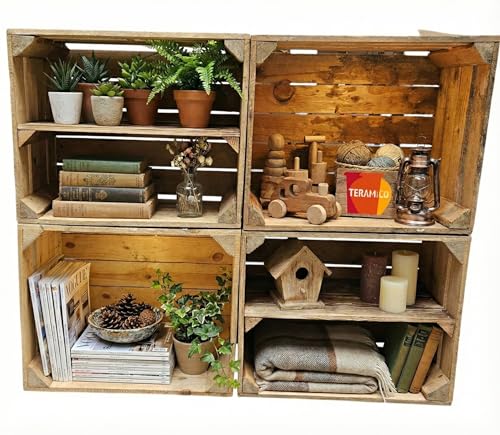 Teramico Vintage gebrauchten Holzkisten/Obstkisten/Weinkisten original aus dem Obstanbau mit Ablagefach geflammt 50 x 40 x 30cm (4er Set | 2 x Ablage Lang)