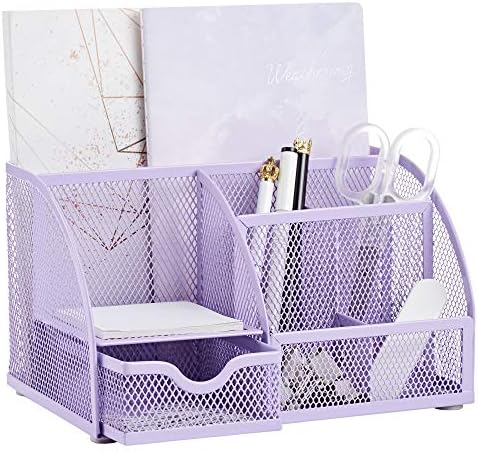 Annova Mesh Desk Organizer Office with 7 Compartments + Drawer/Desk Tidy Candy/Pen Holder/Multifunctional Organizer - Light Purple/Lavender