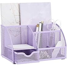 Annova Mesh Desk Organizer Office with 7 Compartments + Drawer/Desk Tidy Candy/Pen Holder/Multifunctional Organizer Light Purple