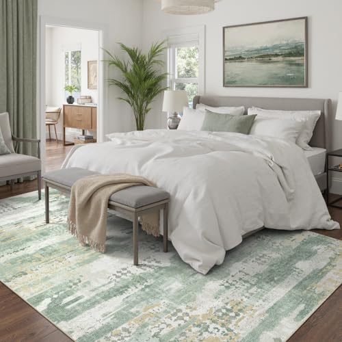 Image of DCX Abstract Area Rug 8x10, Washable Sage Green Modern Rug for Living Room, Kid & Pet Friendly with Rubber Back Non Slip, Soft Low Pile Carpet, Stain Resistant Rug for Bedroom, Office, Dining Room
