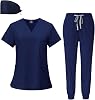 Scrubs For Women Set Classic V-Neck Top & Jogger Pants medical scrubs nurse uniform Workwear with Scrub Cap